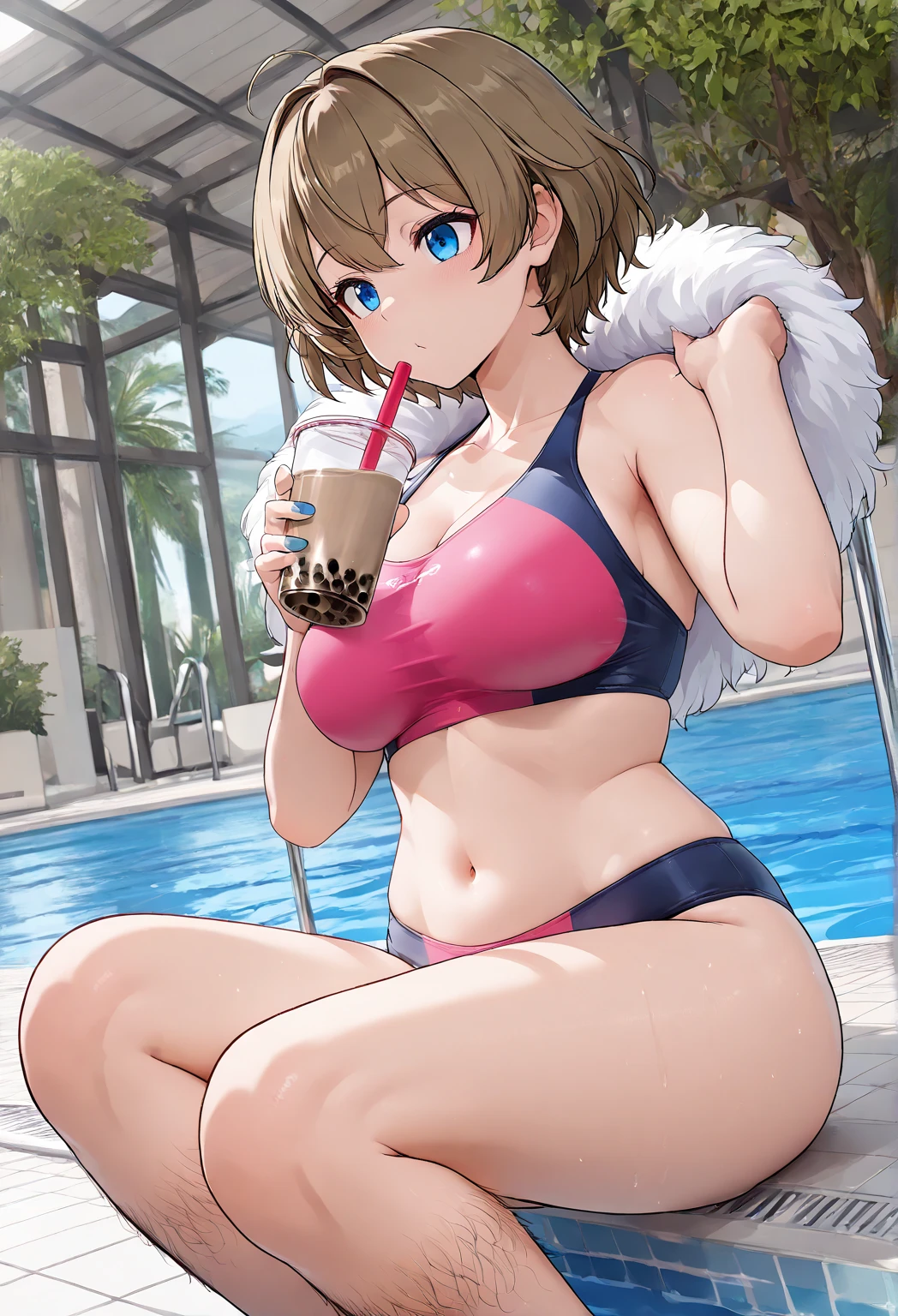 masterpiece, best quality, highres, hmanis, short hair, ahoge, hair ornament, eyewear on head, necklace, cleavage, eyepatch bikini, white bikini, yellow jacket, open jacket, off shoulder, sitting, chair, holding can, can, smile, open mouth, (beautiful beach:1.2, detailed background:1.2), (ultra detailed face:1.3, ultra detailed eyes:1.3)