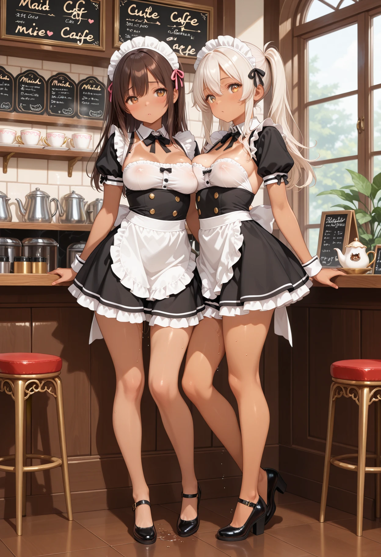 (NSFW:1.30)、masutepiece, Best Quality, hight resolution, 1girl in, (Smile, (Black hair and high twin tails with ribbons),Weight of a girl in a coffee shop:1.3,Large breasts:1.3,cleavage:1.3,Chest wide open figure:1.2、(Full body:1.3), buttocks are completely exposed、Standing,Crowded cafes:1.3,Naked:0.99,(((Naked、A girl wearing a small and short apron with a coffee logo on it:1.3))),drooping bangs, Looking at Viewer,Photorealistic,((( with a very young face))),,(huge-breasted:1.1, Big Tits:1.1, Small buttocks,Slender waist:1.1)sneakers、