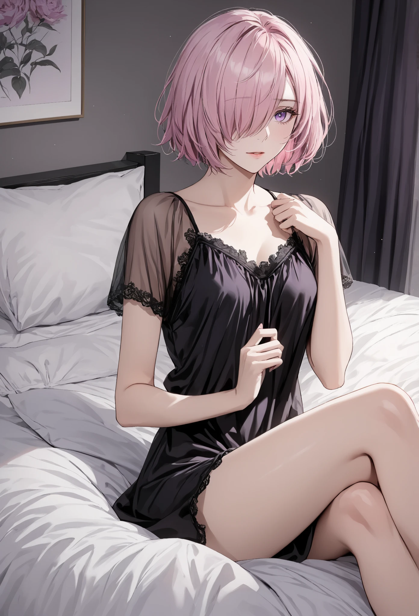 Support women,pink short hair,Department of Landmines,bared chest(underboobs:1.5),(Black sheer lace miniskirt:1.5) --auto