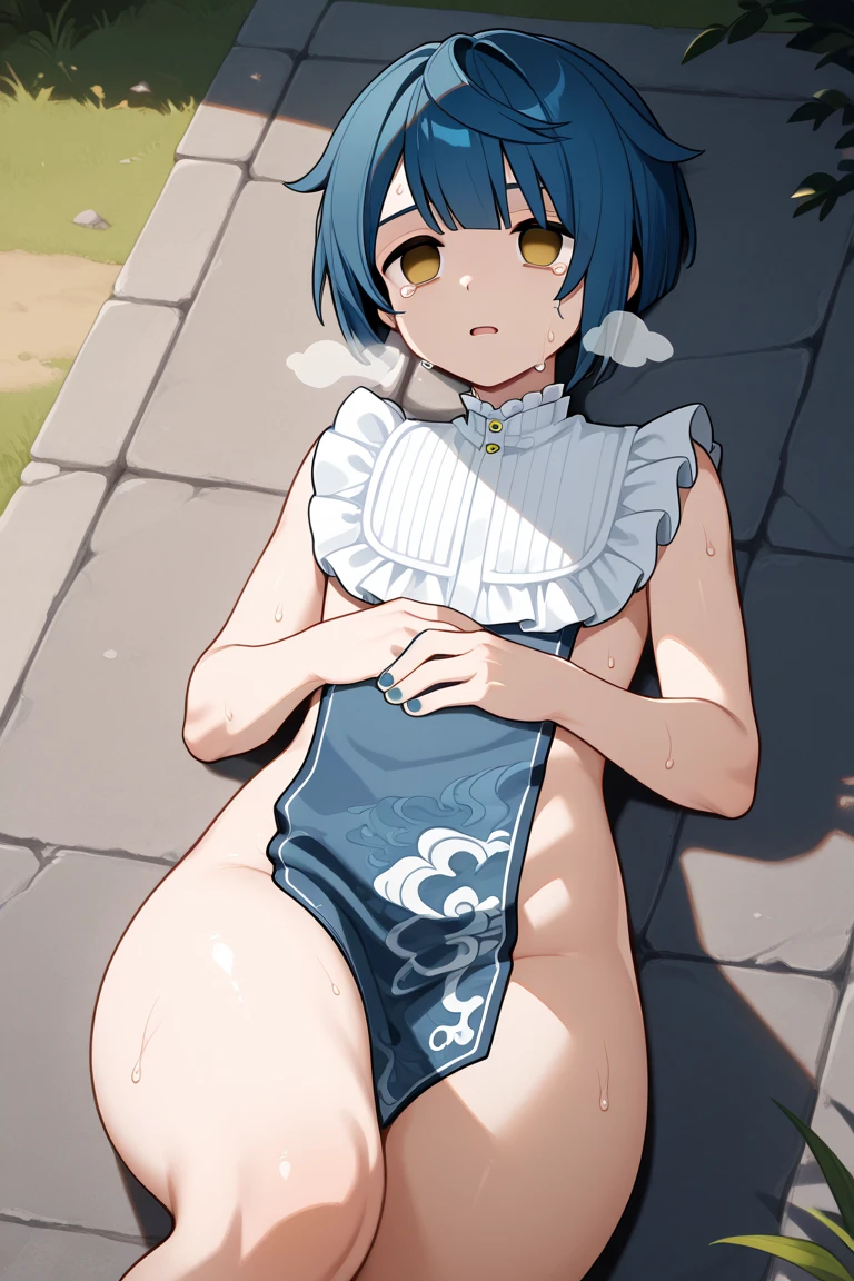 ​master piece、1 persons、1girl solo、A dark-haired、Beautiful and big eyes,Moisturized eyes,Teary-eyed,cleavage of the breast、Emphasized chest,Small breasts,flat breast,A slender ,slender,Sweaty body,White thighs、Skinny Legs,(back arms:1.2)、bare-legged,Shibari、ropes、Wearing a basket uniform,No Underwear,bind,Beautiful fece,top-quality,Shorthair.bob cuts,,Embarrassed look,Reluctant look,Expression of patience,Red cheeks, (barechested:1.9),,Clothes that are about to be taken off, ripped clothing,Spread your legs apart, M-shaped legs,Squat,Lie down,Inter-strands,Accentuated crotch,Water droplets from the crotch,,Water droplets on the thighs,Drooling from the mouth, White droplets on the face,(red blush:1.3),Ruins,Dark atmosphere,