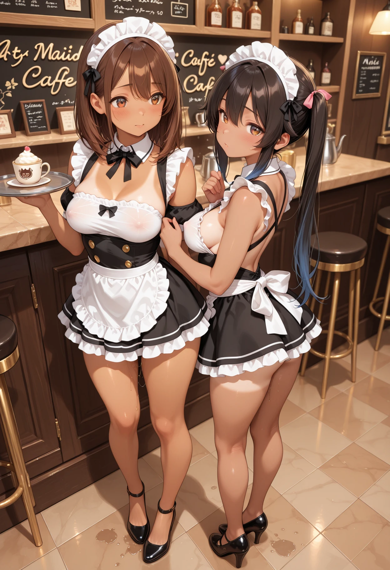 masterpiece, top-quality, the Extremely Detailed CG Unity 8K Wallpapers, Ultra-realistic 8kCG, perfect artwork, The perfect female figure, Dramatic shadows, (Perfect ligthing, Detailed light, (((1girl))), ((long black hair, twintail hair)), Model body type, large full breasts, ((cute face)), red eyes, (looking at viewer), (beautiful eyelashes), horny face, blushing, embarrased, Beautiful face, (beautiful chest line:1.2), (cleavage), beautiful a girl, Exquisite facial features depicting the perfect face, blushing, Naturally beautiful, Sweating, sexy, erotic, curvy body, Light and beautiful thigh expression, mcdonald worker woman, hat, apron, jeans shortpants, garter belts, stockings, sneakers, restaurant, detailed, realistic light and shadow, 8K resolution, (glistning skin:0.9), perfect hand