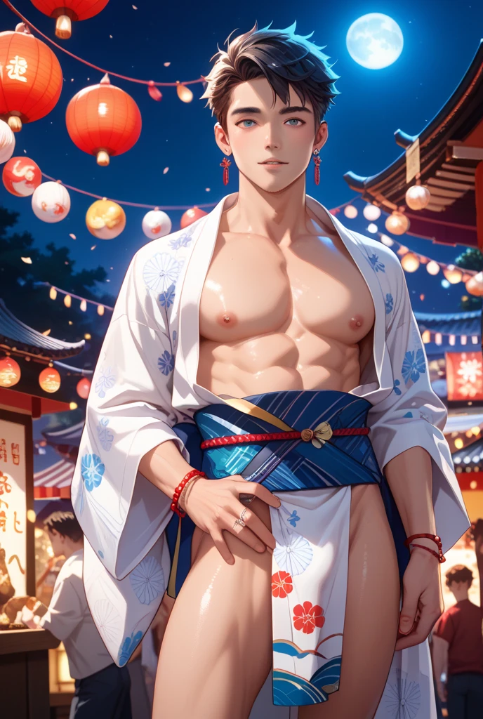 A sexy man , homoerotic, nsfw,in cherry blossom, focus more on the man, close up , penis , handsome face,abbs, wearing kimono, cinematic, masterpiece,16k resolution, ultra HD