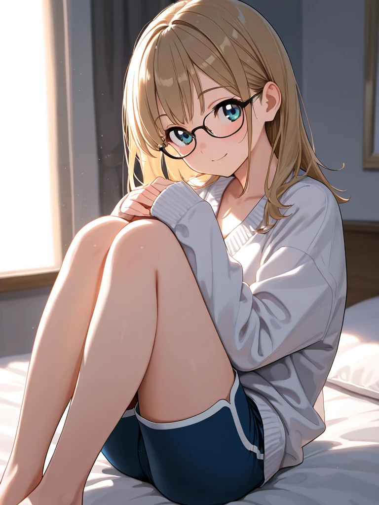 (masterpiece, best quality:1.2), solo, Android 18 from Dragon Ball, ((light gray hooded sweatshirt, Oversized hooded sweatshirt, long sleeve, black thighhighs, white panties)), thighs, midriff, small breasts, blonde hair, (single hair bun), ((blue eyes)), (wearing glasses), earrings on earlobes, slender feminine figure, narrow waistline, skinny body, reading book, cleavage, off shoulder, light blush, indoors, chill, cafe, couch, hot coffee, window, organized, simple, white-based interior, a few plants, rain, cloudy sky, magnificent view, blur background, 4K, knees up, black loafers, head tilt, night,