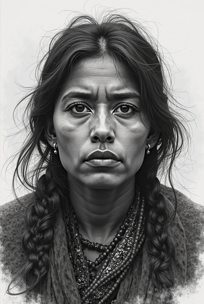 Graphite pencil drawing of the same 20yo Apache woman, front and back view, curvy body, full body, standing, wearing traditional clothes, white background