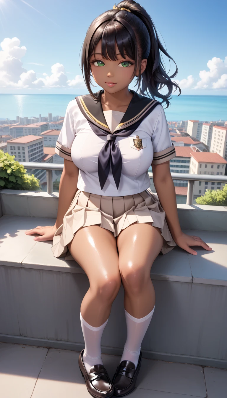 A tanned curvy girl wearing navy-blue thigh highs squatting leg opened, having fun at the park , The girl looks happy and full of enthusiasm, big smile showing beautiful teeth, big sparkling eyes, wide bold lips, extreamly voluptuous curvy body, super realistic skin, super detailed face, short straight hair, (put her hands behind her head), huge breasts with huge nipples , morning sunlight , lens flair , simple gold necklace , (low-rise pleated skirt) , low-rise panty, perfect abs , thick calves, sweaty body, attractive smile, cheek blushed , standing in tennis court , photorealistic, 8k, ultra realistic.