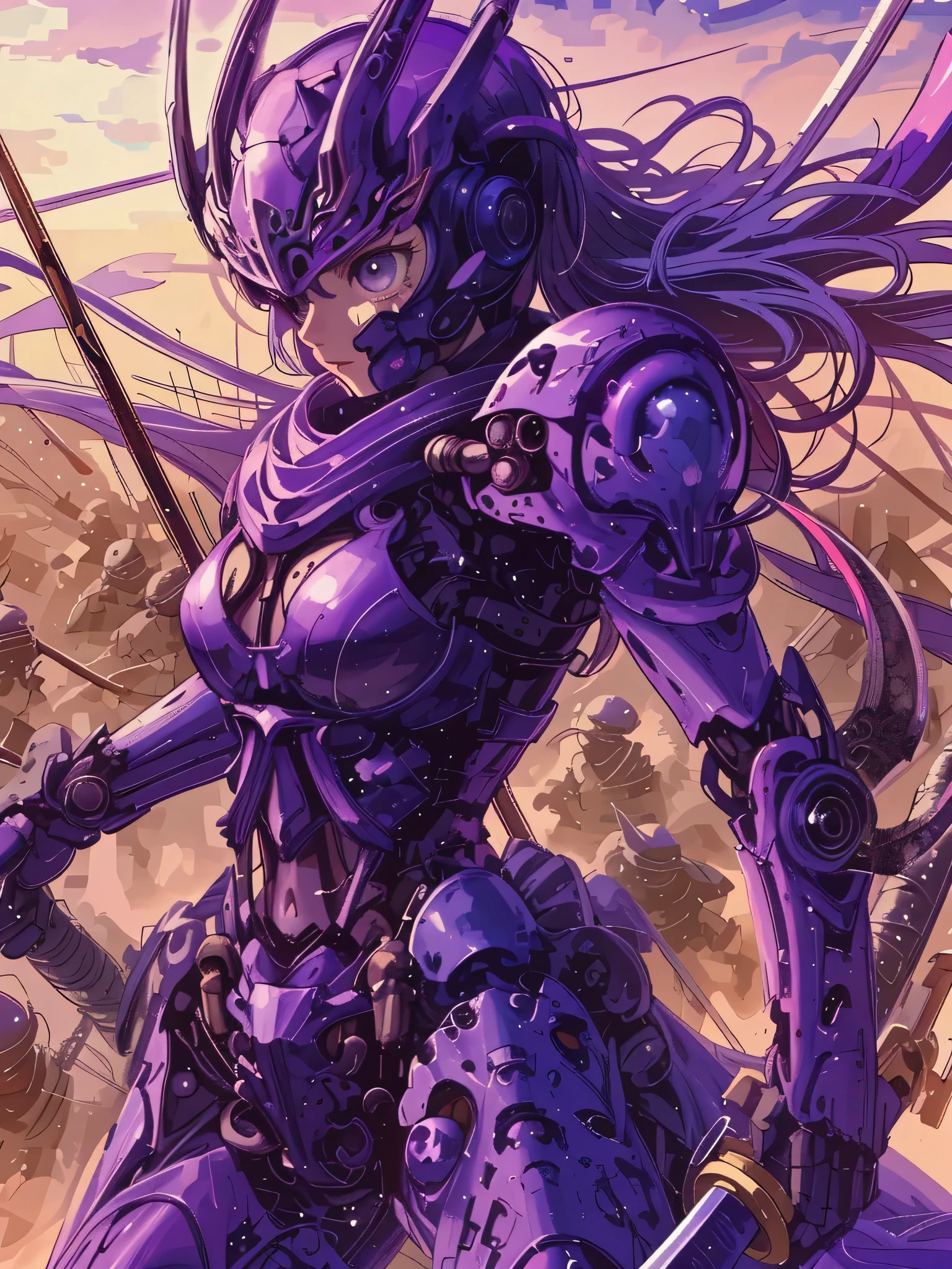 ((Highly accurate drawing across the details) Extremely accurate depiction )[high resolution],((realistic texture expression)),(Clear and precise illustrations),(Very fine and precise drawing ),(Delicate lines with slow speed)[[Beautifully color-tressed main lines]],(Fantasy world battlefield background[Burning Castle]),(MACHINEGIRL ROBOT o (Purple Slayer [METALFACE[Clear lenticular iris]])(SKINNY))[WEAPON MACHINE(MACHINEBODY)],(( NINJA Sengoku Armor ))[Facing][stole],[[ Poison Scorpion Pattern ]],[ Using Ninja Swords as Weapons ],[[Mobile Weapon Gigant Size][Sci-fi mechanical]],[ Clear Purple Translucent Carapace Covering the Body Surface ],(Intricate and beautiful decoration[high density details]),[Transparency],(Precisely drawn faces),(精密に細部まで描画された美しい目のdetails)[[深いTransparency][Sharply defined pupils](A jewel-like iris)((Beautiful eyes clearly drawn down to the smallest detail))]),(Eye Light[Pinpoint lighting for the eyes]),[Long and beautiful eyelashes],[Soft looking lips],[[Uncluttered hairstyle]Intricately drawn hair[美しく艷やかな髪のdetails]],(完璧な手のdetails[Beautiful fingers without flaws[Beautiful nails]]),[[[[Beautiful navel]リアルな臍のdetails]]],(Perfect Anatomy(Perfect, well-balanced proportions))[[full body image:0.4]],[[High level of design[The golden ratio]]][ideal color coordination(accurate simulation of the interaction between light and materials)[Beautiful and vivid color]],([precise details](details,高Fine)),[[Deep color(Transparency)]][Narrative visual art],[[Personalization]]((top quality)Fine[[High density drawing]])(最high resolution).