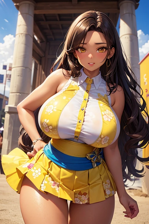 A beautiful and hot almost chubby mature woman.who is wearing a patterned short dress and is and standing in the resort. A smiling face、Sexy woman、A radiant smile、adorable、race、Frills、Colorful design、Full-length mirror、An inviting gaze、Gorgeous long and beautiful hairstyle、variation Hairstyle、Open neck blouse、Flower Garden、Sparkling、elegant princess、Highest quality、detailed、flower、Accessor、necklace、Cowboy Shot、16K、Beautiful eyes、solo, smile, Anatomically correct, High detail、(((凝ったデザインのドレス)))