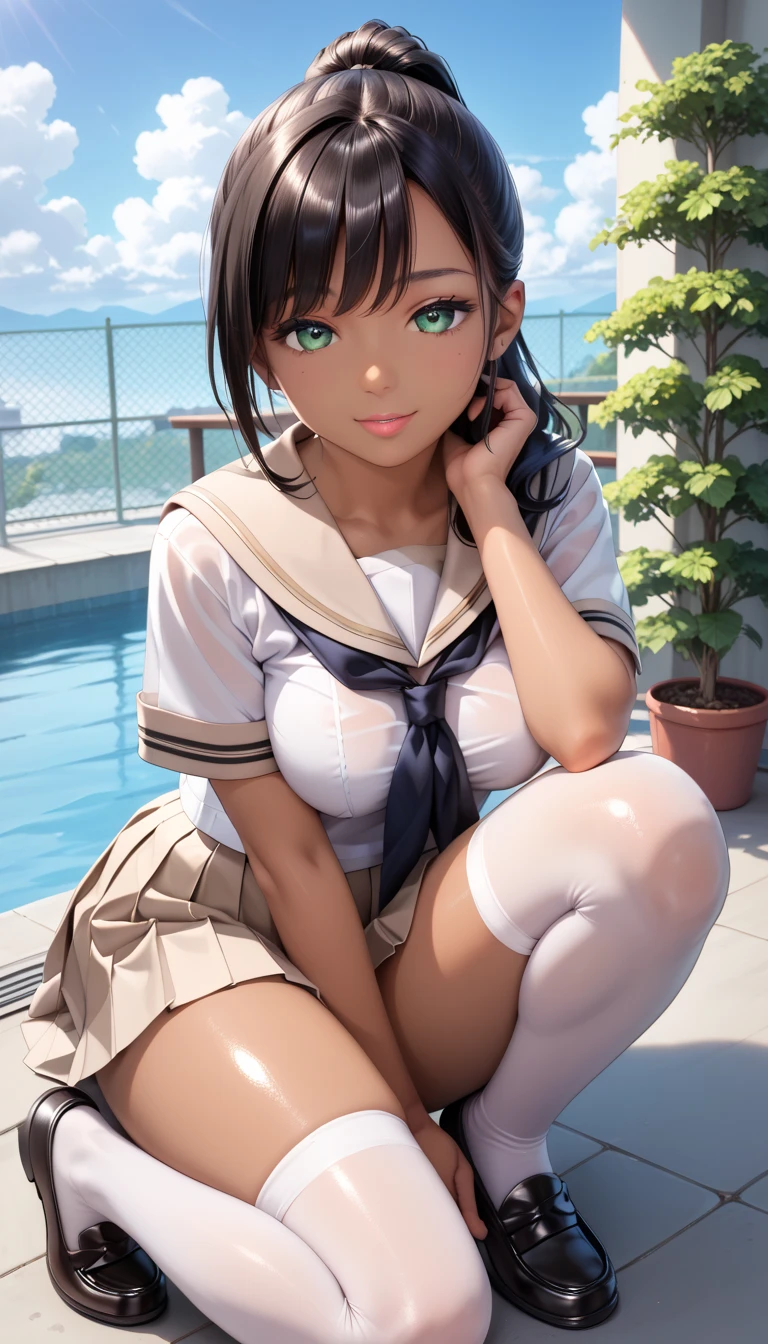 1 lady, HD quality, anime, solo full body shot, (sitting with hands back:1.3), (open legs to limit:1.5), (with one knee up:1.3), showing pubic area:, (under boob:1.6), Large breasts, (cleavage), shiny skin, smiling, (thin thighs:1.3), (Sailor uniform only for the upper body:1.5), (Crop Top sheer white shirt:1.5), (sleeveless:1.6), without brassiere, (sheer white tiny micro thong:1.5), poolside, (Green detailed eyes), blue sailor collar, red ribbon tie