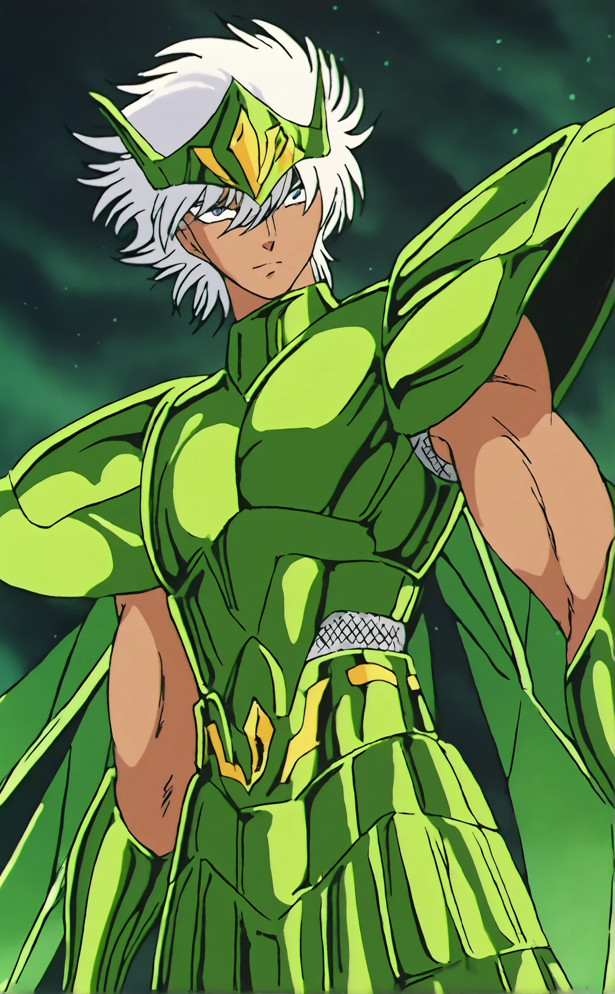 masterpiece,best quality,ultra high resolution,8k uhd,hyper detailed,depth of field
1 Man, tall, blue eyes, brown skin, white hair, lime green and brown armor, green metal wings,Chainmail skirt