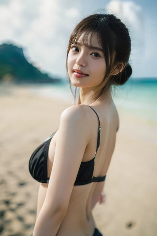 (masutepiece, Best Quality: 1.2), 8K, Official art, Raw photo, Incredibly ridiculous, (Upper body, Swimsuit, ruffle bikini), Beautiful Girl, ((Idol face, japanaese girl, 14 years old), Pony tail, Hair ribbons, Small breasts)), thin legs, Small breasts, slender, Smile, Yuko, Viola, teenager, Beach, Looking at Viewer, No makeup, Film grain, chromatic abberation, Chest Sharp Focus, Face lighting, Dynamic lighting, Cinematic lighting, A detailed face, Background bokeh,