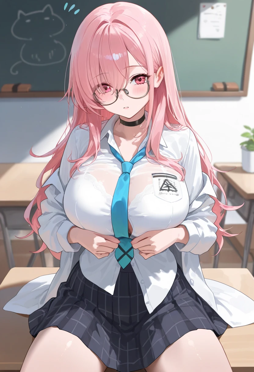 1girl, pink hair, beret, blue shirt, book, book over mouth, covering mouth, shy, timid, wavu hair, long hair, shirt, skirt, miniskirt, pantyhose, huge breasts, thick thighs, black pantyhose, green eyes, red glasses, glasses, mature female,
