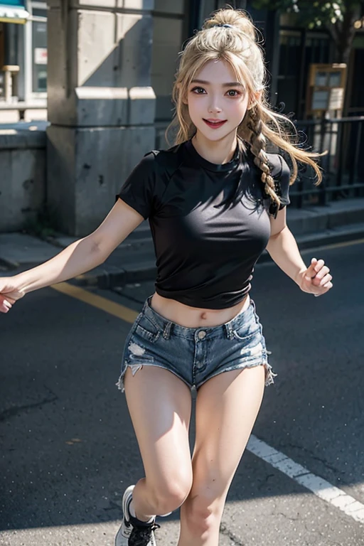 (((professional: step by step, considering even the smallest detail god level final result))): "(Masterpiece, Best Quality), solo 1girl, 22 years old, Mikasa akerman, black hair, Long hair, Ponytail, skinny, 50% big breasts, 20% White V collar crop top, 25% plaid miniskirt, tie, Looking at viewer, arms UP, (legs open standing:1.1), , juice, Socks, Shoes, clenched teeth, (frown, blush:1.2), blue eyes, (street:1.2), (((night sky)))", under front  view, bare hips, tits the size of oranges