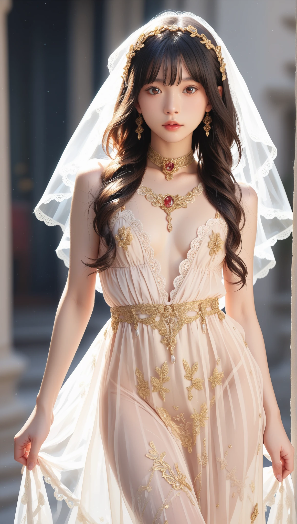 Top Quality, Ultra High Resolution, (Photorealistic: 1.4), Cinema Light, Depth of Field, Beautiful Face, (PureErosFace_V1:0.8), |1 Girl, Fan Bing, Woman in Red Dress and Gold Jewelry, Fan Bing Fashion, Colossal, White Cloak, Intricate Design, Cathedral Background, Extra Long Wavy Brown Hair, RAW, Beautiful Women, (Detailed Face), (Detailed Facial Features), (Fine Detailed Skin), Pale Skin, (Masterpiece), Perfect Proportions, Realistic Photo, Full Shot, Full Body, (Body Portrait), ((with Bouquet)), ((Wearing a Veil)),