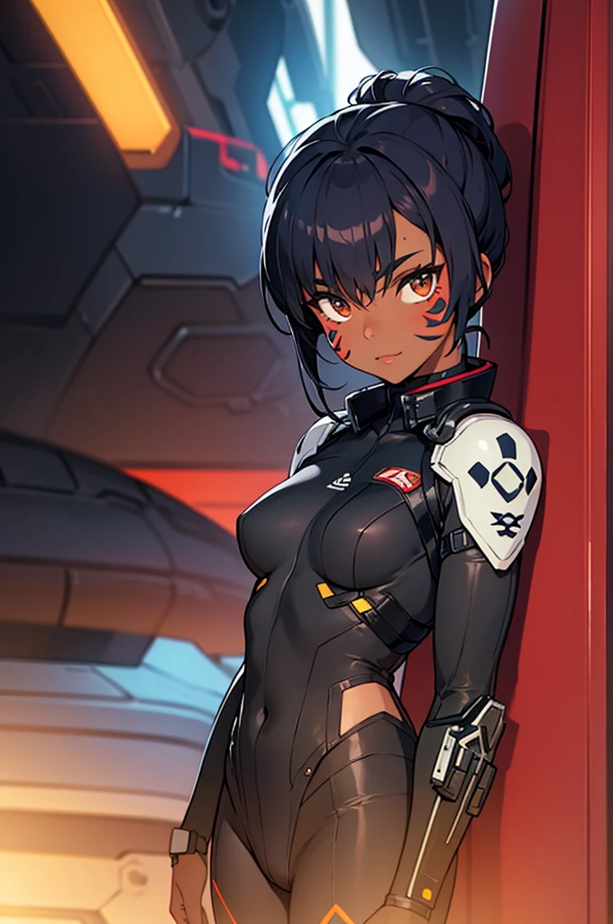 solo, masterpiece, best quality, agrias, grey sweater, black leotard, standing, looking at viewer, short hair,oculos,evil smile, evil look, juri han,luvas preta,roupa azul,yandere rosto,low lighting,coxa sarada copo detalhado,olhando para frente