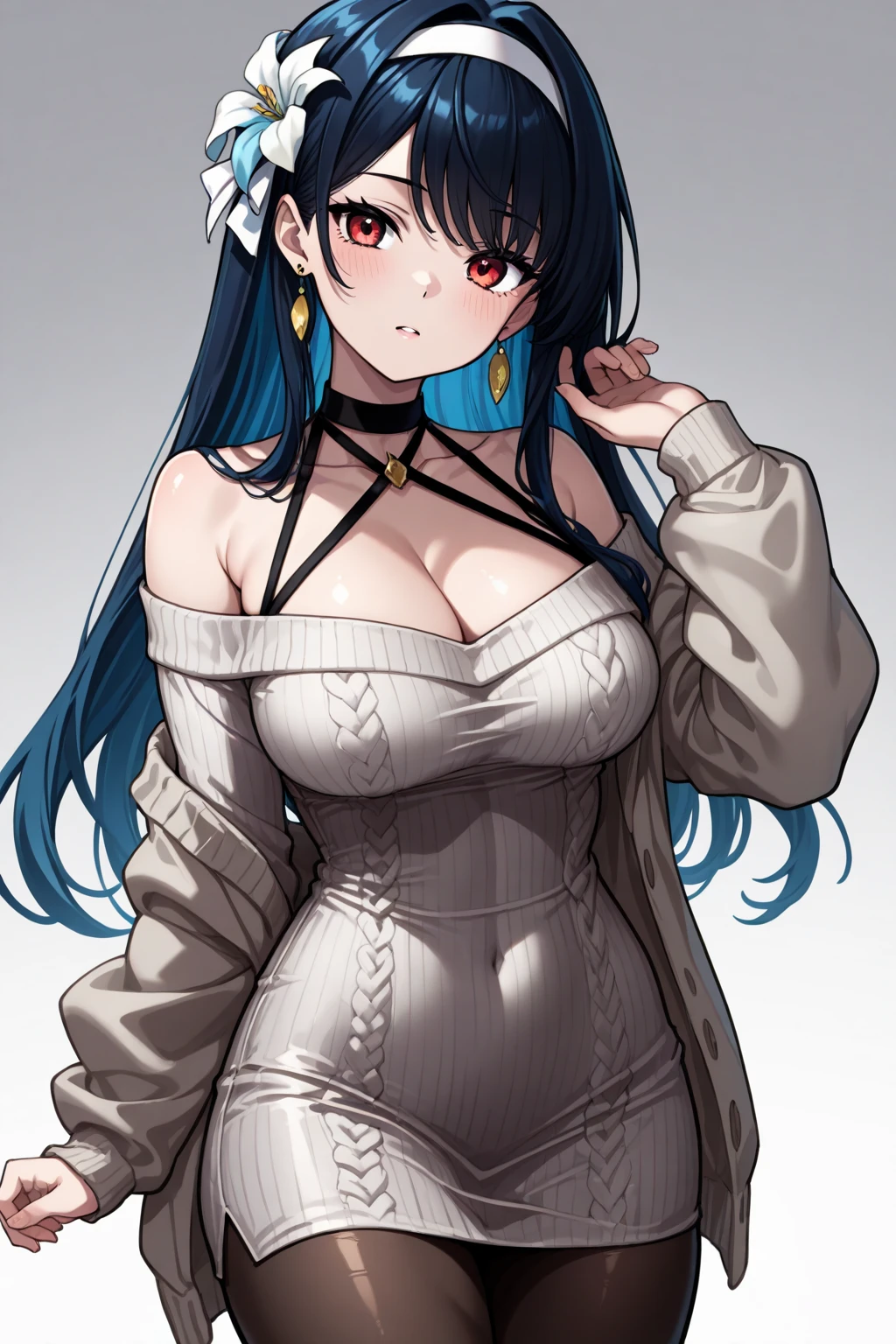 Black long hair,blue eyes,woman,Wearing a white jumpsuit that covers the head,Sometimes a little bit of blue embellishment,good body shape,It's a ghost