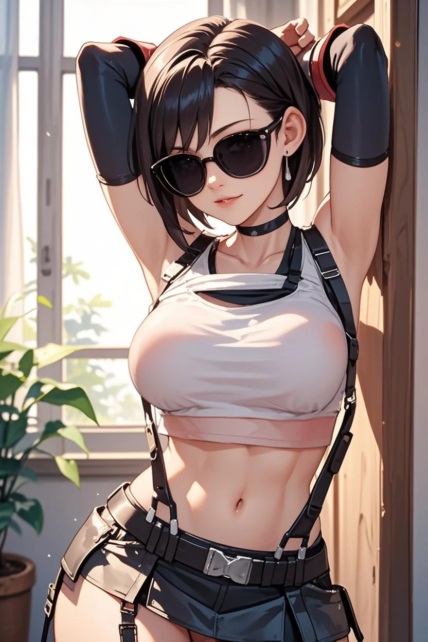 (masterpiece:1.2, highest quality), (realistic, photorealistic:1.4), beautiful illustrations,
looking at the viewer, whole body, Front view:0.6,
1 female, Japanese, ((black short bob:1.5, black eyeshadow, red lipstick)), bangs, hair between eyes, ((medium breasts:1.6, big ass))
beautiful hair, beautiful face, beautiful and detailed eyes, (yellow eyes:1.3), beautiful clavicle, beautiful body, beautiful breasts, beautiful thighs, beautiful feet, beautiful fingers, perfect anatomy:1.3, perfect anatomy
(living), ((TATTOO on the stomach:1.5))
((Black Sports Bra:1.8, White Hot Pants, choker:1.6)),
((Put your left hand on your chest, open your legs:1.3)),
(glare at the viewer while blushing:1.4)