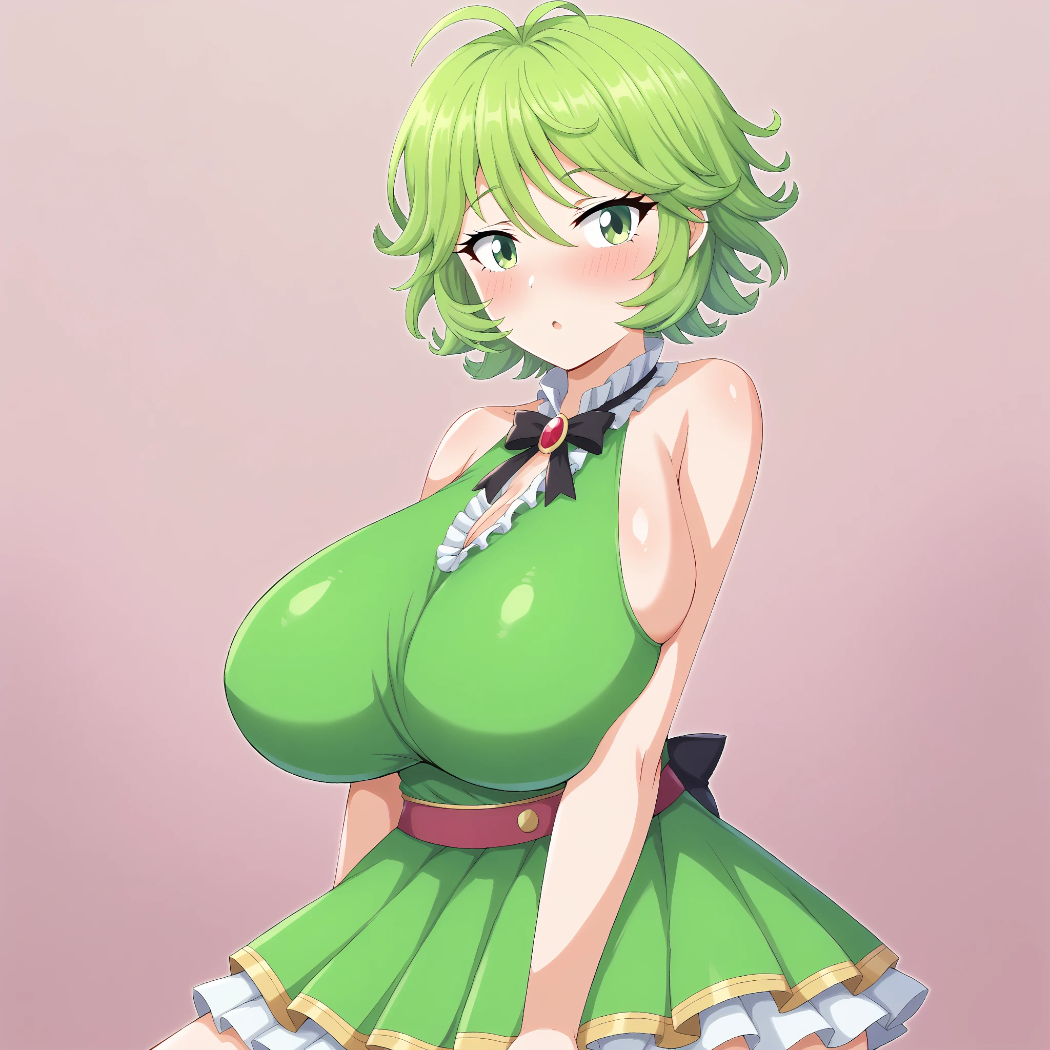 20 year old girl, Angel Girl, Light green wings, chica sexy, green hair, short hair, wide hair, green eyes, short skirt, green skirt, Small strapless blouse, Short blouse up to the abdomen, Blouse sin Olanes, Green long sleeves, Blouse that shows the shoulders, Sin Collar, Shows the navel, green boots, Very big bust, big hips