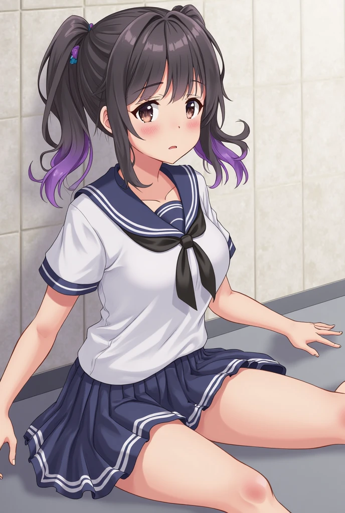 Very detailed CG Unity 8K wallpaper, Cute One lady, Mature Hair、lady ,beautiful lady, pale skin (Super masterpiece, Beautiful person, well detailed face polluted smile, Photorealistic, hyper realisitic), Perfect hands、Five fingers、Perfect hands、Perfect legs、Perfect toes、
((20year old、Sailor suit with very short sleeves、Black Sports Bra、Blue short skirt、Best Bust、(Bust 85cm)、(middle breasts)、
open chest wide、Happiness、Black wristband on wrist、A slender、Shy face、earrings、all fours pose,Get closer to your audience、The gesture of pulling up the hair:1.3))、(Crying face:1.5)、
hiquality、visualart、Romance movie style、
(After-school classroom))、cleavage,cleavage cutout、(Sweaty all over:1.5)、
(shinobu miyake:1.5, long hair, bangs, purple hair, (green eyes:1.5))