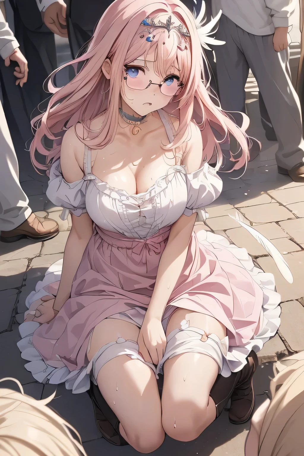 ( manga 、Anime、Story)、( masterpiece 、 top quality、 super high resolution )、( close 、 Beautiful Face、 Beautiful Eyes )、( shout、 Resist 、 embarrassing )、sweat 、 embarrassing 、Street、 ( Surrounded By Lots Of Guys )、Old Gentleman with Dirty Glasses、old man、(feather hair ornament, Tiara, Pink Choker, boots)、Put your glasses on your head