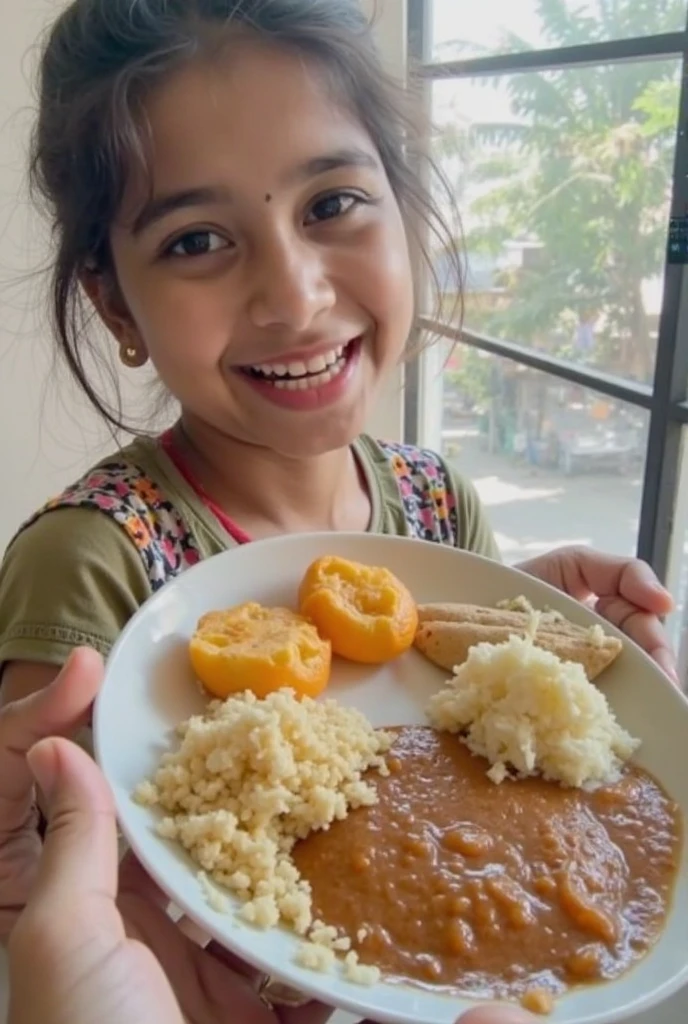 Create an image of a girl with black hair, She has a big butt. Wearing All Stars and a black shirt holding a plate of couscous