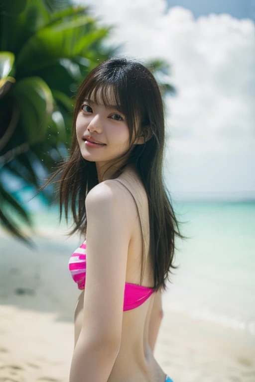 (top-quality、masterpiece:1.2)、femele、portlate、natta,a bright smile, Detailed sky、audrey hepburn, I'm wearing a bikini in the 1950s, middle breasts, big butt, thick thighs, along the beach,Waikiki's Beautiful Beach, Pleasantly High, Fierce Dance,1girl,Show from below :1.3