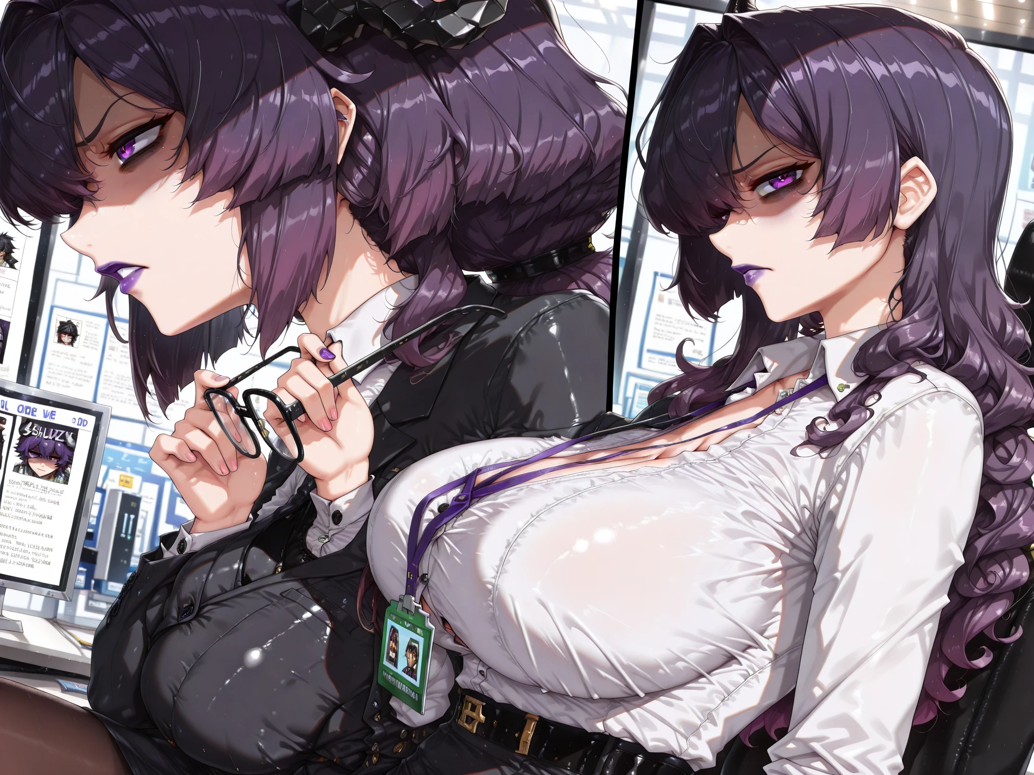 Create a pretty girl with big breasts, purple hair and glasses wearing a magician outfit using the colors white and purple.