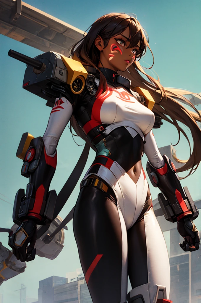 ((Best quality)), ((masterpiece)), (detailed: 1.4), (Absurd), (((full body)), (((woman))), 35-year-old woman, Beautiful muscular woman, giant robot pilot, wild with perfect body, wearing little clothing, tiny thong, clothing with Japanese graphic patterns, halftone pattern and vertical stripes, earth tone, coming out of the body of a giant robot
