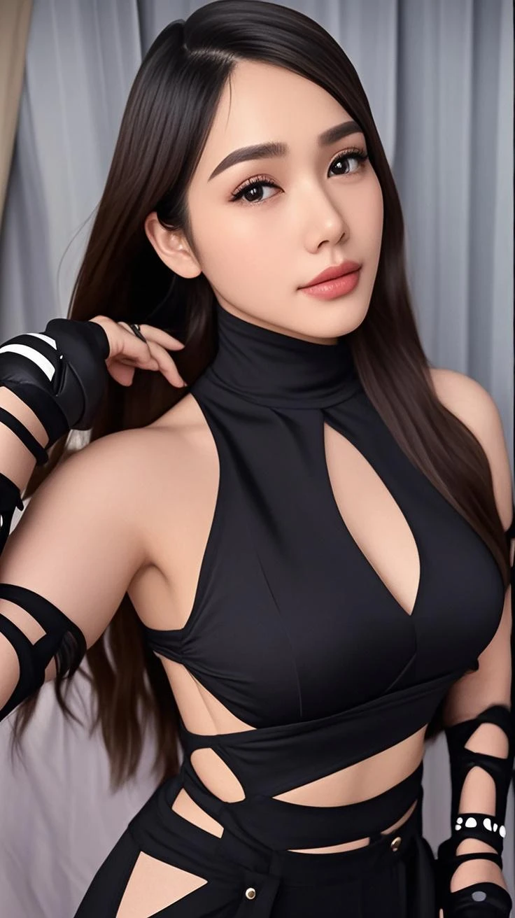 Mai Shiranui, (best qualityer,ultra details),(realisitic:1.37), beautiful and detailed face, ultra-realisitic texture, Exquisite face, athletic body, bright coloured. High definition, 8k, wearing red lipstick, rosy cheeks.
