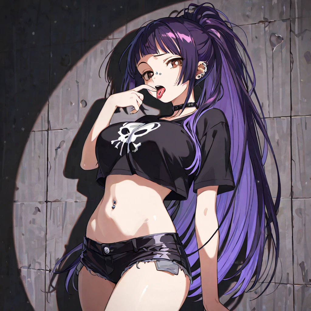 (highest quality:1.2, Comics, Manga style, Very detailed, Latest, Vibrant, digital coloring, High Contrast, masterpiece:1.2, highest quality, Best aesthetics, There is), alone, (((young woman))), (Detailed Expression), (Small face), (Skin with attention to detail:1.2), Sexy Woman, Long eyelashes, Glossy Lips, (Purple Hair, ponytail, One eye is hidden, Purple eyes), Perfect Face, Cute face, Shiny skin, (Big Breasts), (Slender body:1.2), (Riders jacket, Short T-shirt), choker, Great body lines, Raise her arm to show her armpit, Leather pants, (((You can see the milk underneath:1.4))), (Cropped tops:1.2), night:1.3, Bright colors, bold typography, Studio Lighting, Realistic light and shadow with attention to detail,