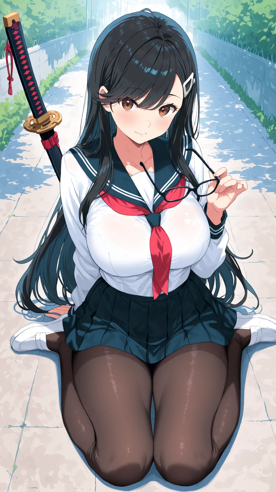 best quality, masterpiece, highres, solo, {ooyodo_kantaicollection:1.15}, black_hair, long_hair, glasses, hairband, semi-rimless_eyewear, under-rim_eyewear, blue_eyes, green_eyes, small_breasts, 1girl, looking_at_viewer, necktie, harbor_school_background, red_necktie,angry,smile,Proudly,(bunny_suits:1.5),bunny_ears,