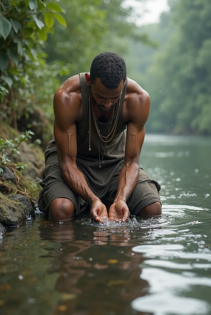 Draw a black-skinned person finding a bottle on the banks of a river, scribbles