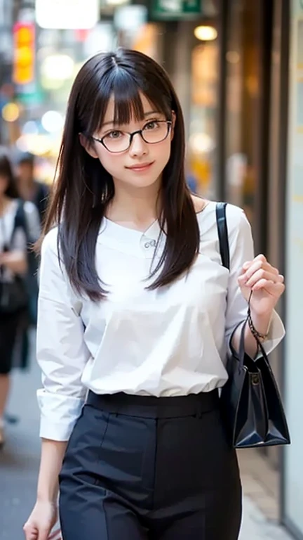 (8K、Raw photo、Highest quality、masterpiece:1.2)、(Realistic、Photorealistic:1.37)、Ultra-detailed、Ultra-high resolution、1 girl、Seeing the viewer、Beautifully detailed face、Laughter、narrow、(Slim waist) :1.3)、shortcut、Beautifully detailed skin、Skin Texture、Floating Hair、Professional Lighting、Waiting for the train on the platform、Black-rimmed square glasses 、Human whole body、Brown Hair、