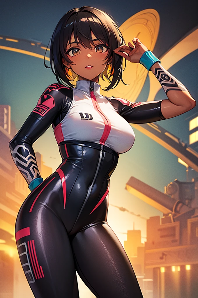 (muscular, thick thighs, small breasts, tight clothes, toned body, 1 girl), black hair, pale skin, yellow eyes, angry