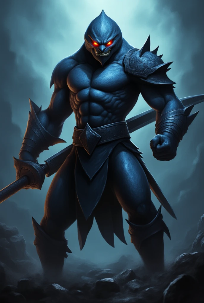 ((Derek Mears)) as Moloch from Mortal Kombat, hulking and muscular frame, dark blue skin, sharp horns, jagged pointed teeth, fiery glowing eyes, tattered primitive clothing, wields big rocky ball, 1man, solo, full body view, front view, looking at viewer, intricate, high detail, sharp focus, dramatic, photorealistic painting art by greg rutkowski
