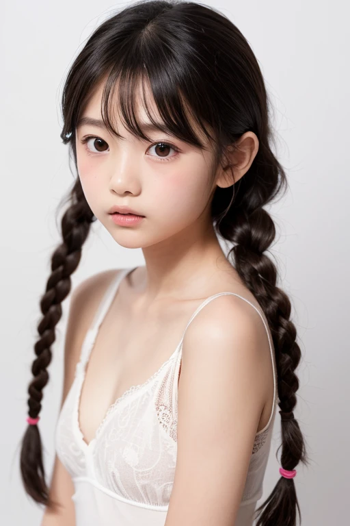 highest quality, Realistic, 8K, High resolution, 1 Girl, woman, (Skin dents), (Portraiture:0.6), nice, ((White Background, Completely naked, Small breasts:1.65)), (Brown hair in braids, Parted bangs:1.4), Watching the audience, (1 Girl eyes Watching the audience:1.6), Realistic, (Bokeh), (Closed Mouth, smile:1.3), nice, Purelos Face_V1:1,Completely naked、
