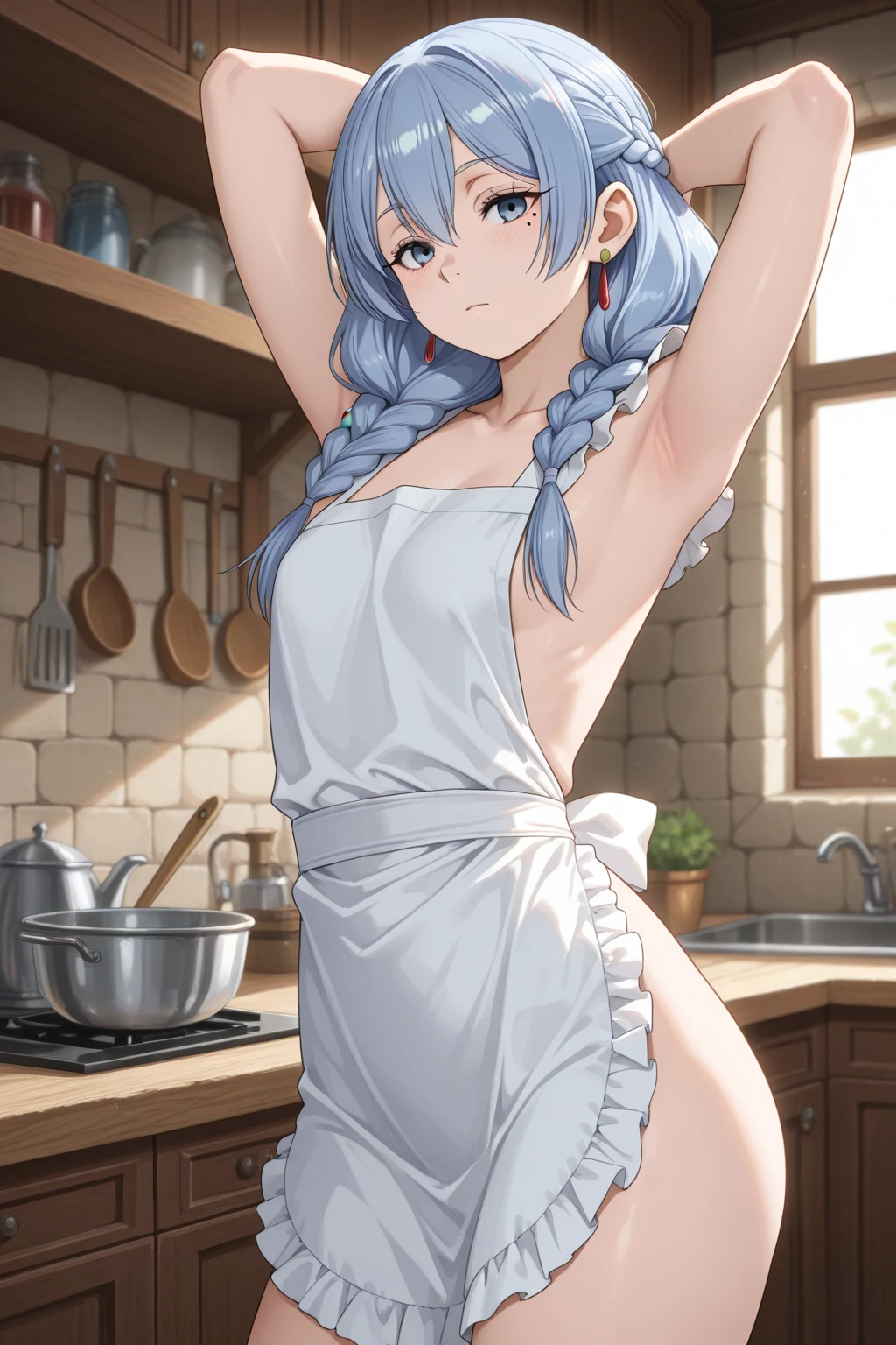 Cabello largo plateado, ojos verdes, headband, naked apron, flat breast, sonrisa, happy, topless, muslos hermosos, inside house