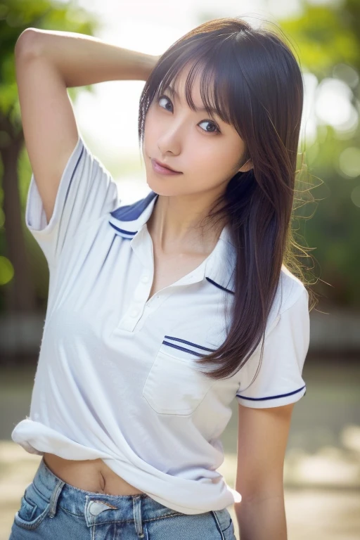 8K, Best Quality, 1girl, (skindentation), Morning, (bright), Blurred background, Outdoors, (Street:0.6), (People), Crowd, Beautiful bangs, Gorgeous,, (Clothing, Long T-shirt:1.3),Soft lighting, Attractive, Wind, Garden, Sunlight, White light, (Closed mouth:1.2, Beautiful eyes, Detailed eyes, Detailed iris, Beautiful lips, Beautiful nose, Beautiful face),