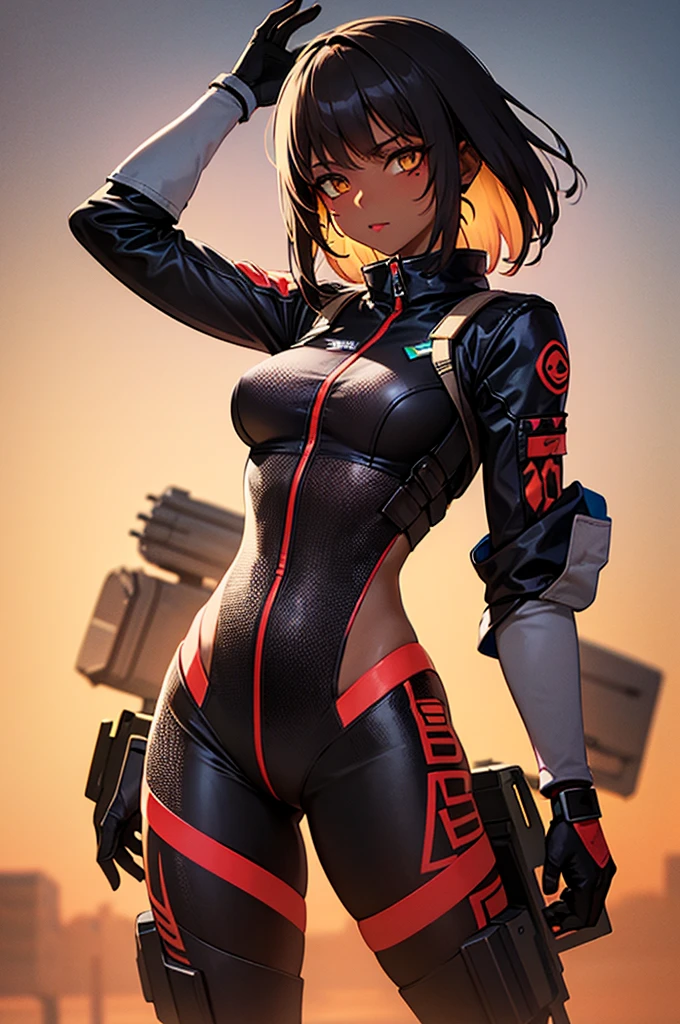 ((Best quality)), ((Masterpiece)), (Detailed: 1.4), (Absurde), A female fighter pilot ready for war in a military bikini, marin, dark skinned, Sculpted body defined, corps entier, Cuisses nues, mouth closed, Cyberpunk, half-naked, generous neckline, ((Perfect huge breasts)), , (((Bikini camouflage militaire)), (((cheveux blancs avec tresse)))), longs cils maquillage lourd, porte-jarretelles, jumeler beaucoup, niji --V5, close to real, psychopathe, visage parfait, sexy pose, Background with a giant Evangelion head, 2 piece clothes, cake, centered, scale to suit dimensions, Hdr (High Dynamic Range),Ray Tracing, NVIDIA RTX,Super-Resolution,Unreal 5,Dispersion souterraine, PBR Texture, Post-traitement, Filtrage anisotrope, profondeur de champ, Maximum Clarity and Sharpness, Textures multicouches, Albedo and specular maps, Ombrage de surface, Accurate Simulation of Light-Material Interaction, Proportions parfaites, Rendu octane, two tone lighting, Grande ouverture, ISO faible, Balance des blancs, Rule of Thirds, 8K RAW, Crysisnanosuit Bikini, thigh gap, belles hanches, slim thighs,