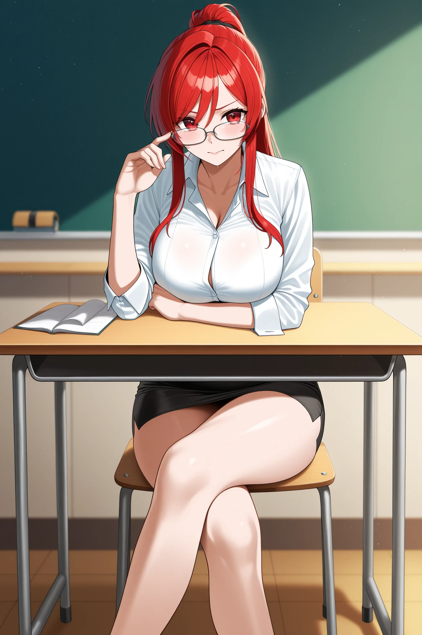 1 girl, alone, itsuki nakano, long hair, redhead, hair ornaments, Yellow star decoration, blue eyes, black glasses, white shirt, open shirt, Showing off her black lace underwear, black bra, Black twine, black pantyhose, Hold both breasts with both hands, embarrassing, fascinating, open your mouth, embarrassing expression, big breasts, medium waist, wide thighs, classroom, good lighting, open window, Sunset sitting with legs apart, sitting at the desk,