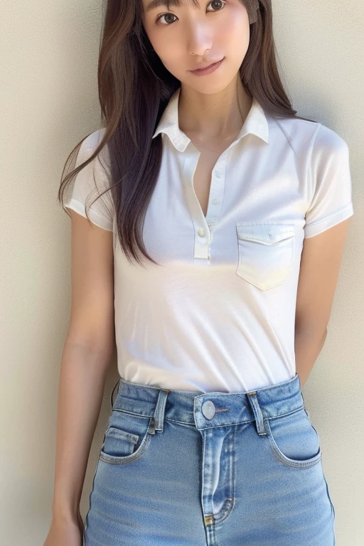 Mujer con camisa manga larga y falda