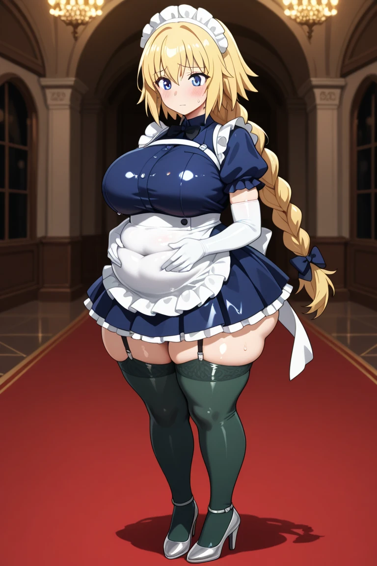 Anime girl kneels on the floor wearing sexy clothes, concept art by Yang J, pixiv, shin hanga, seductive anime girl, full body maid, extremely detailed artistic bacteria, sexy posture, huge breasts, cleavage, ayaka genshin impact, keqing from genshin impact, sexy semi transparent black stockings, black high heels, smooth anime CG art, ethics, beautiful anime girl squatting