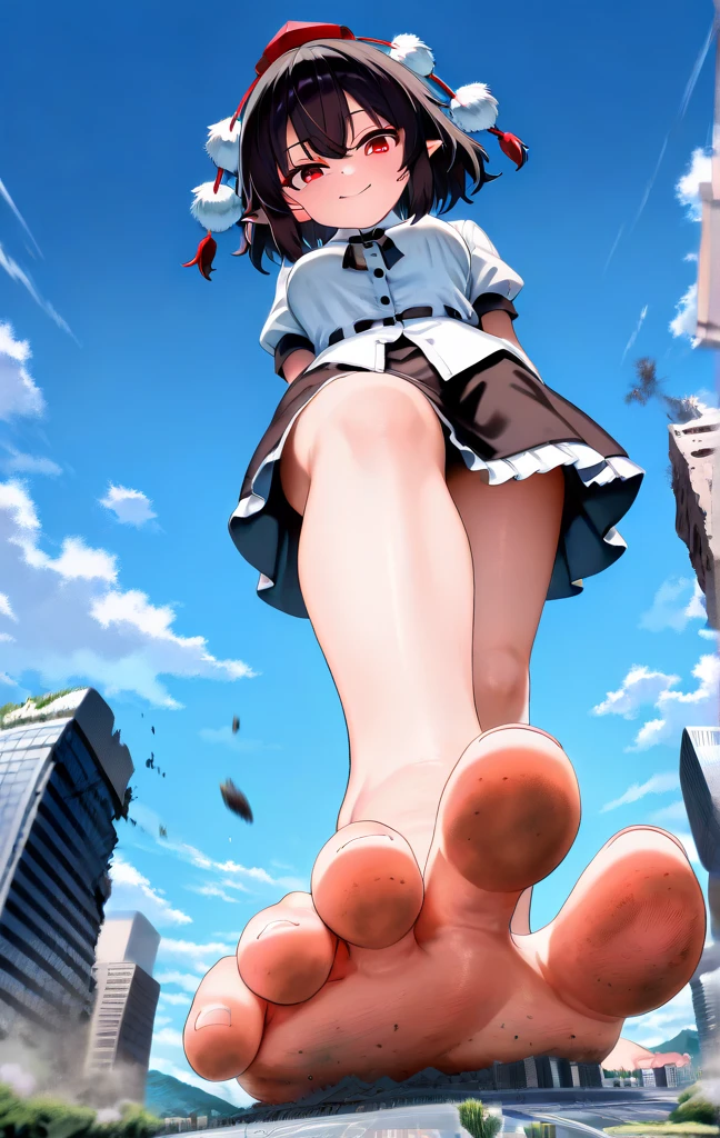 multiple girls, 3girls, standing, giantess art, highly detailed giantess shots, giantess, most detailed, perfect face, Two legs, Five fingers, short hair, A high school girl who is bigger than a skyscraper, Wearing rimless glasses, smile, huge breasts, Navy blazer, Red tie, mini skirt, black pantyhose, no shoes on, toes visible through pantyhose, Steam coming out from the soles of my feet, seaside metropolis, numerous miniature warships on the sea, Destroying cities, Under heavy attack, A very small big city, Miniature metropolis, Full body description, GTS, giga giantess, stomping city, crash city, tiny city, micro city, pantyhose feet, High resolution, highest quality, masterpiece,