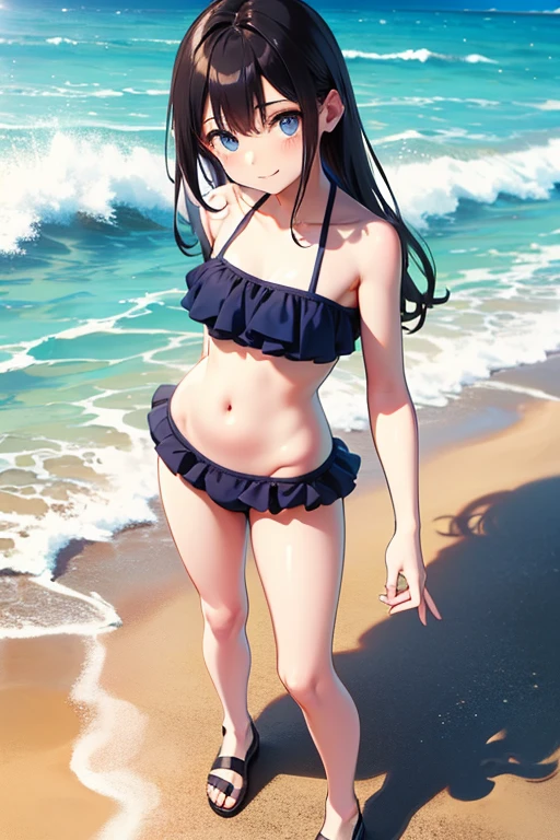(Realistic, photo Realistic:1.2), ((highest quality)), Shift the center of gravity backwards, Quite embarrassing, Kousaka Reine, Long Hair, light blue bikini, frill, Beautiful facial details, Real human skin, Gentle expression, Front view, angle From below, Realistic, photoRealistic, beach, whole body, sitting on ground, knees raised, spread legs, (wind:1.2)