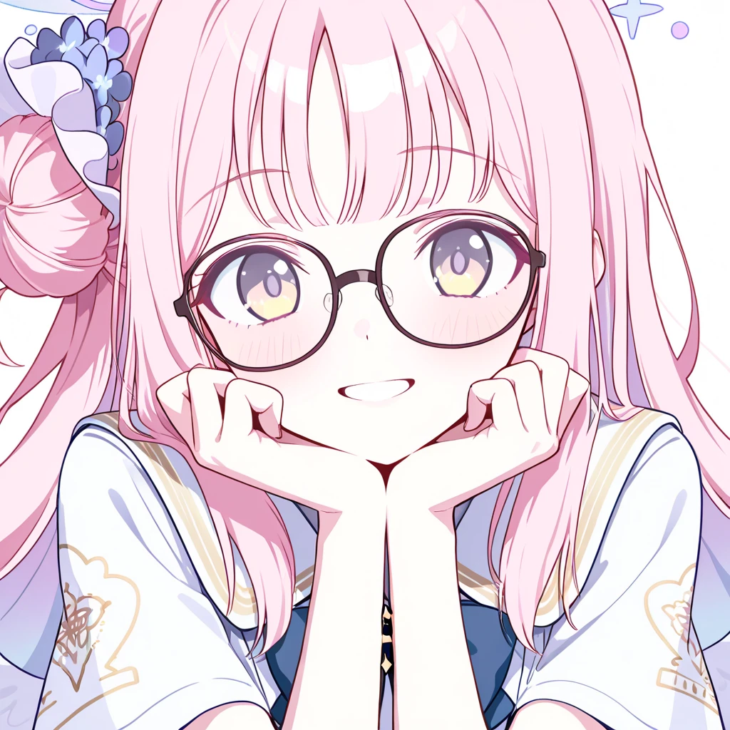 ((masterpiece)),((highest quality)),((Anatomical)),((Realistic)),((Detailed Description)),((cute)),((((Pink bedroom)))),(((1 kindergartener))),((Beautiful eyes)),((Baby Face)),((Petite)),((Bewitching Smile)),(((school uniform))),(((Glasses))),Full body view,