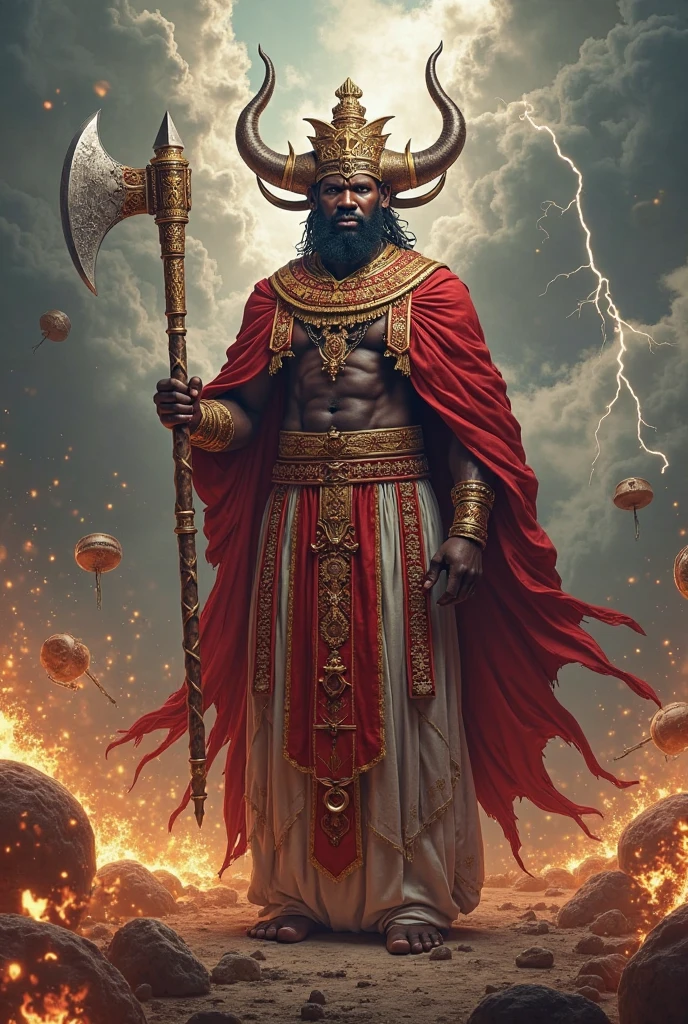 a painting of a man in a red cape holding a spear, O Rei do Inferno, Rei do inferno, Deus masculino bonito da morte, Governante do Inferno, O Deus Imperador da Humanidade, Deus do Submundo, inspirado em Kailash Chandra Meher, Snoop Dogg as a barbarian, legendary god holding spear, O Deus Hades, inspirado em Thota Vaikuntham
