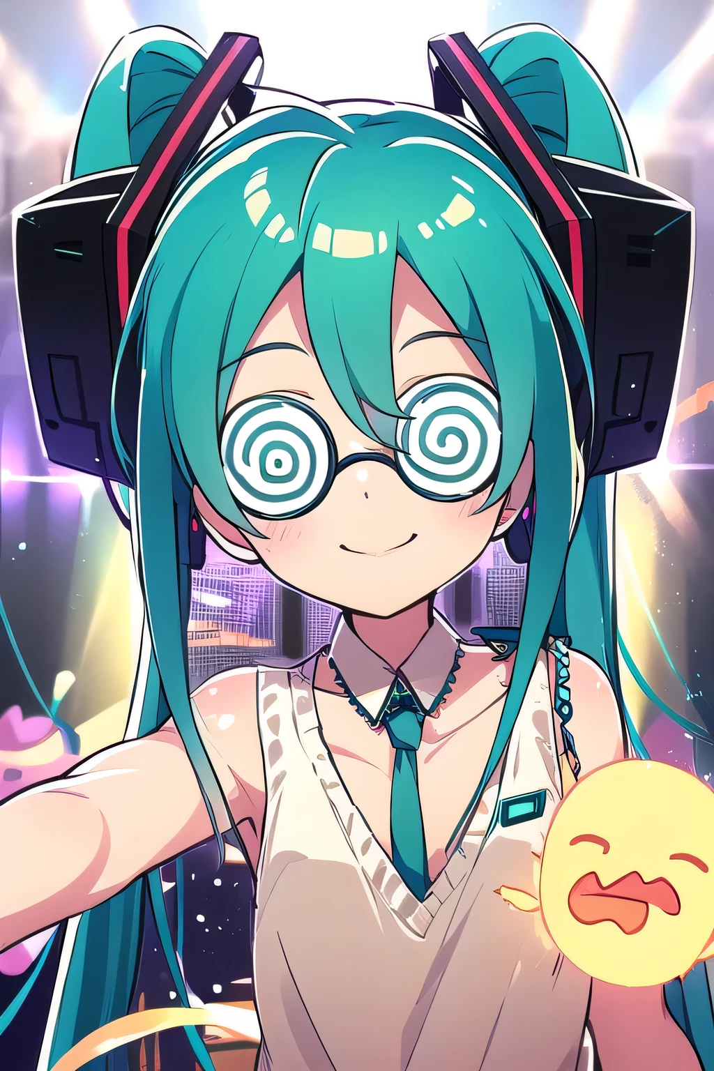 ((best quality)), ((masterpiece)), (detailed),1 girl。Hatsune Miku。((glasses。Ugly looking。particles of light dance。 dance。beautiful smile))。Coke-bottle_glasses