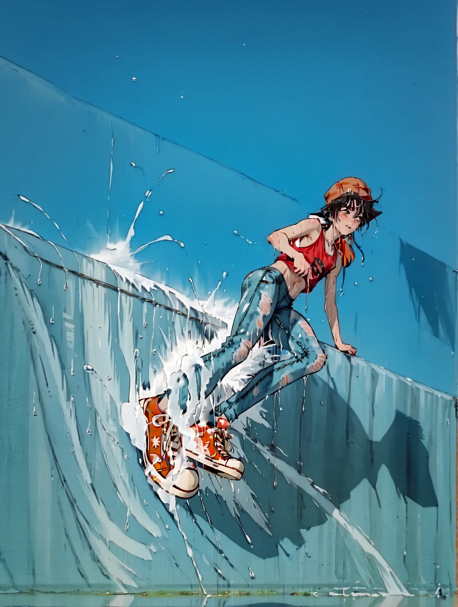 Teen boy wearing (super skinny jeans-leggings:1.8), (orange converse x-hi sneakers:1.8) a snapback, tank-top and goes into the lake. The image should depict the boy's wet clothes clinging to his body, glistening with water droplets. Rare view. The artistic style should be hyper-realistic, capturing every detail of the boy's expression and the cascading water. The image should be rendered in high resolution (such as 4K) using a rendering engine like Blender Cycles or Redshift for maximum realism