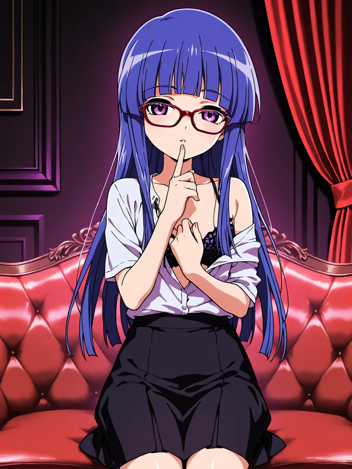 ((masterpiece)), ((best quality)), (retro artstyle:0.5), (style \(1990s\):0.5), <lora:Gluko_Mon_Colle_Knights:0.9>, gluko_mon_colle, 1girl, bangs, bare_shoulders, blunt_bangs, blush, breasts, finger_to_mouth, glasses, impossible_clothes, impossible_shirt, large_breasts, long_hair, one-piece_swimsuit, purple_eyes, purple_hair, sitting, skirt, solo, thighhighs, very_long_hair,