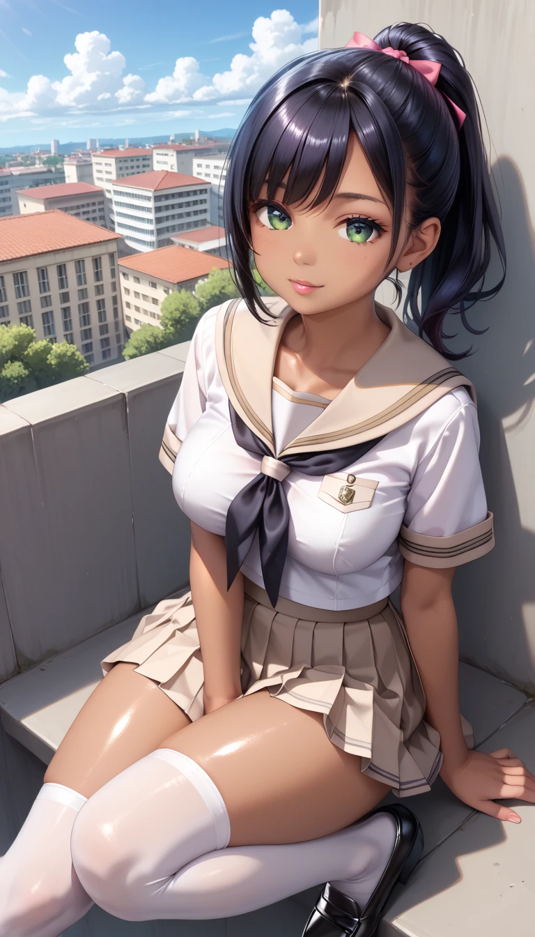 (((masterpiece, Highest quality, High resolution, 超High resolution, Pixel perfect, Written boundary depth, 4K, RTTX10.0))), Beautiful Anime Woman, Beautiful art style, Anime characters, ((Smooth texture, Realistic texture, Anime CG style)), Exact finger count、Exact number of legs、(Exact number of arms:1.0, Exact number of hands:1.0), (Perfect hands, Perfect Anatomy), Cinematic, Realistic, Highly detailed CG, Daytime lighting, Perfect lighting, Best Shadow, The best natural light, whole body, Perfect body, (Slender body:1.2), whole body, ((bangs, Dark brown hair, Stylish and cute bob cut)), ((Cute woman trying to remove her panties:1.3)), (Fashionable white shirt, Sailor collar, Knee-high socks, loafers, Navy pleated mini skirt:1.3), ((Sexy and cute panties, (Stylish shiny satin black panties:1.2), Side tie panties, Small lace panties:1):1.3), (Beautiful and very large breasts:1.1), (Beautiful thighs:1.3), Short torso, Feeling embarrassed, (blush:1.2), (Embarrassed expression:1.4), (In the school classroom:1.3), Angle from the front