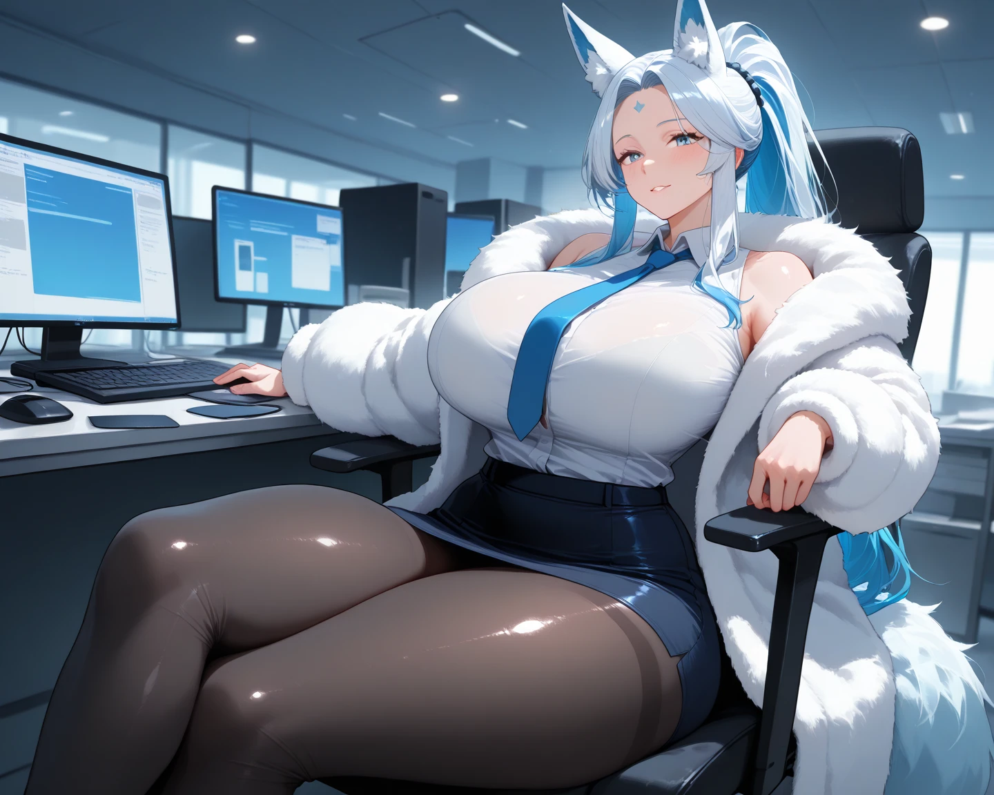{extremely delicate and beautiful girl}, 8K Wallpaper, {{{masutepiece}}},Red Eyes,White hair,Long hair,(Bursting breasts:1.1)(Fox Girl:1.4) ,computer,gamer,girl,playing,siting,playing,
